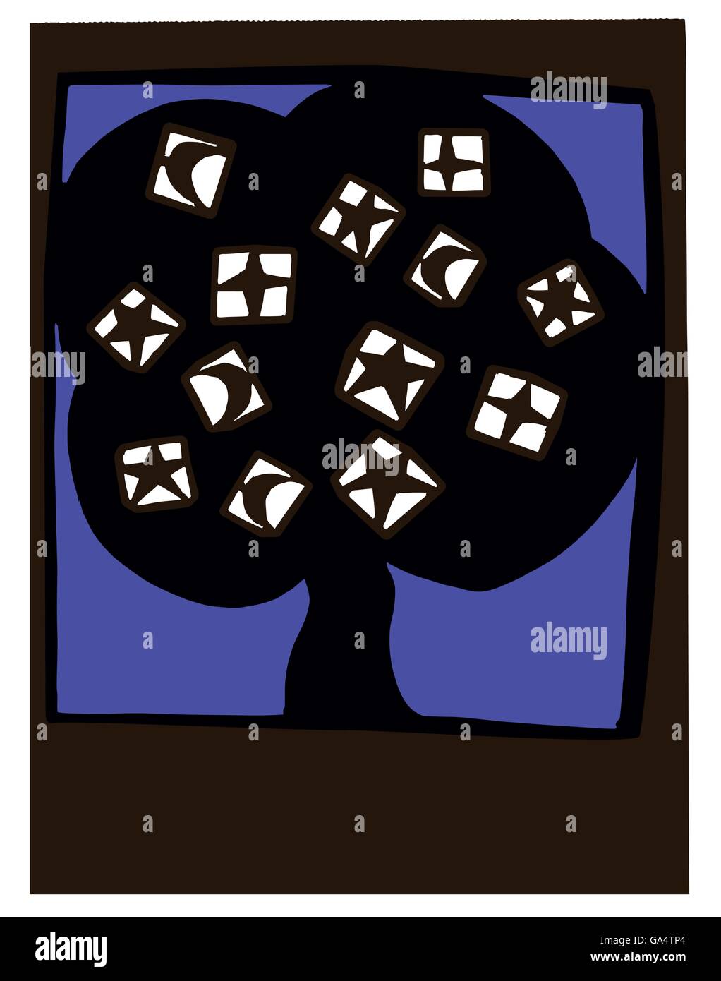 Carta tagliata illustrazione di un albero con lune e stelle come frutti. Illustrazione Vettoriale