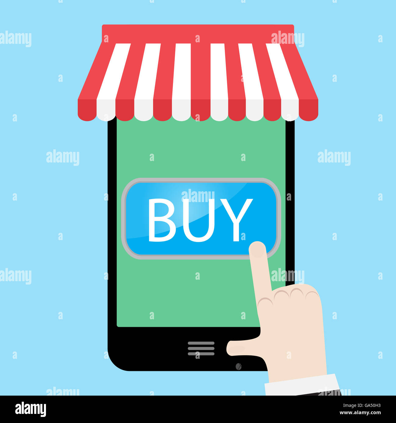 Compra utilizzando uno smartphone. Pulsante Acquista ora e l'ordine ora, la vendita e il pulsante Acquista. Illustrazione Vettoriale Foto Stock