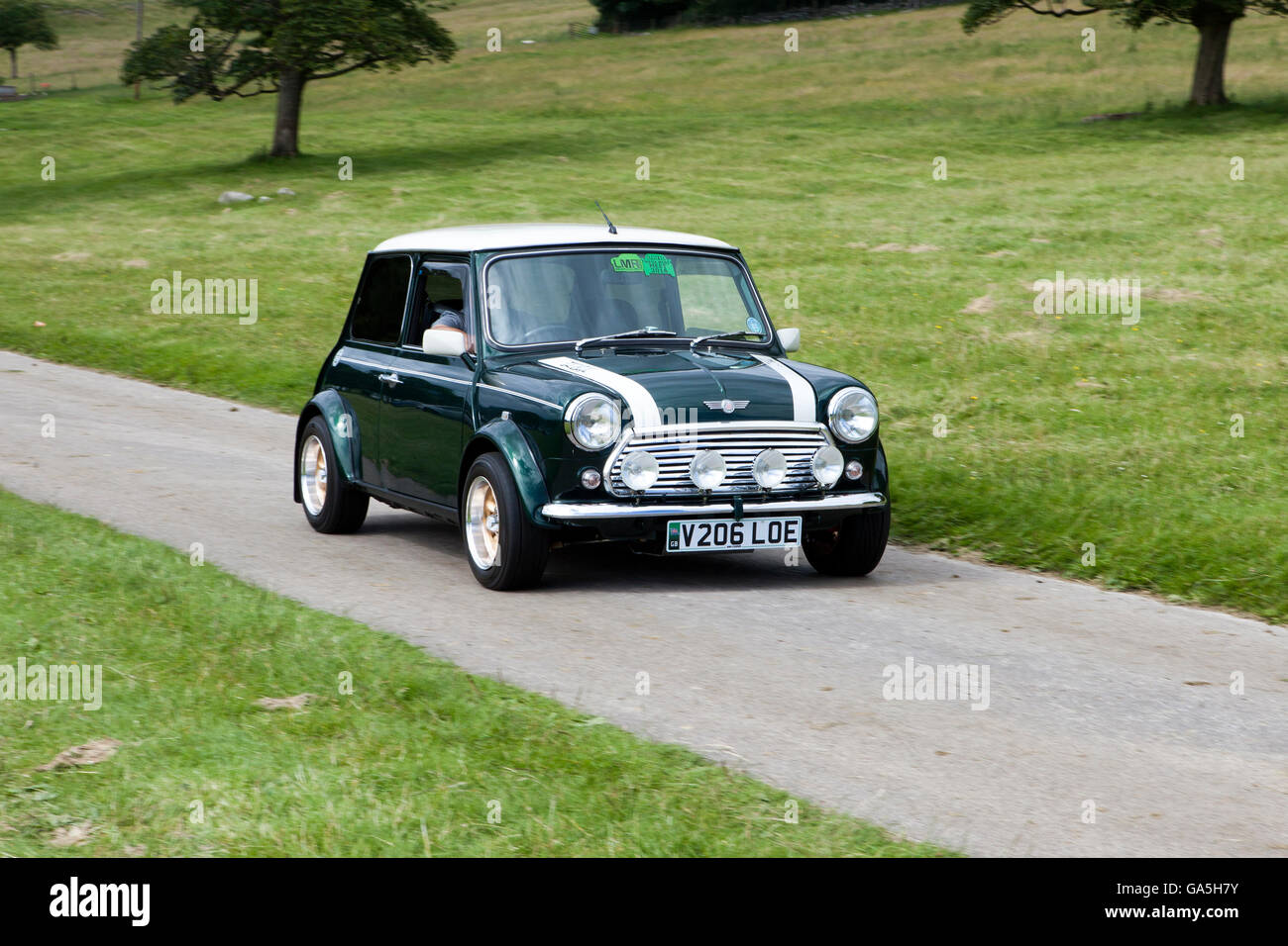 Green rover mini cooper 1.3i a Leighton Hall Classic auto da rally, Carnforth, Lancashire, Regno Unito. 3 Luglio, 2016. L annuale classic car rally avviene presso la magnifica Leighton Hall a Carnforth in Lancashire. British classic auto sportive che spaziano da MG per vetture americane muscolare come la Dodge Viper & Ford Mustang. Lo spettatore con la manifestazione ha attirato migliaia di visitatori di questo scenic parte del paese sulla costa nord ovest dell'Inghilterra. Credito: Cernan Elias/Alamy Live News Foto Stock