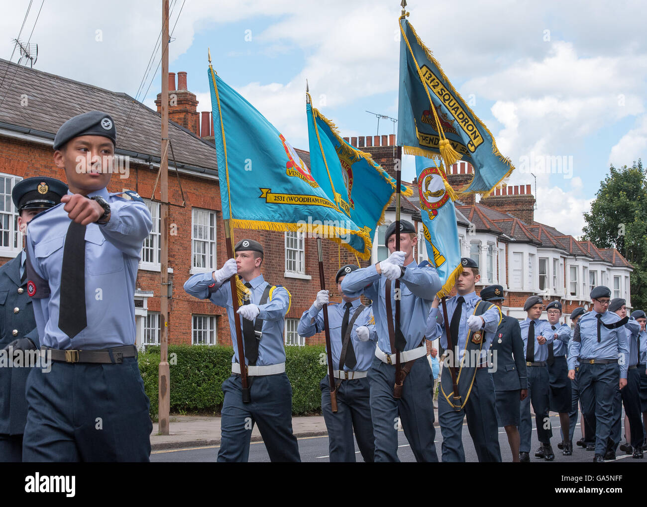 Brentwood Essex, 3 luglio 2016,standard dell'Essex ala dell'ATC in il settantacinquesimo anniversario parade. Credito: Ian Davidson/Alamy Live News Foto Stock