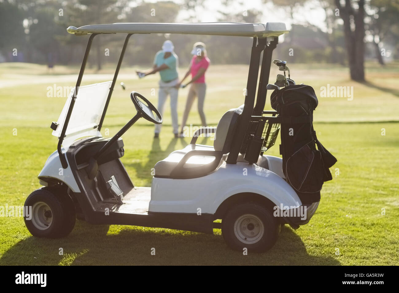 Vetturetta da golf sul campo durante la giornata di sole Foto Stock