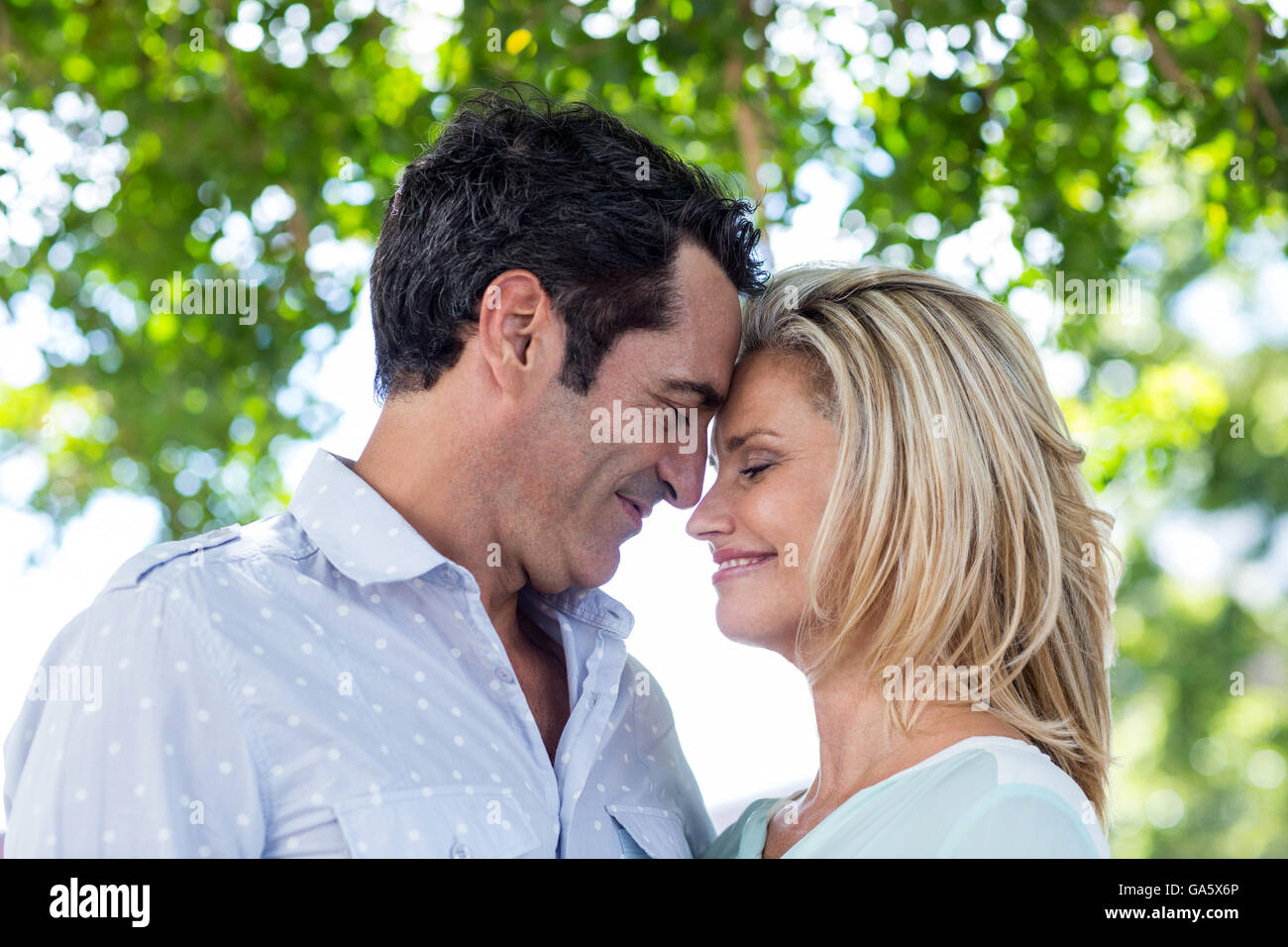 Coppia romantica contro alberi Foto Stock