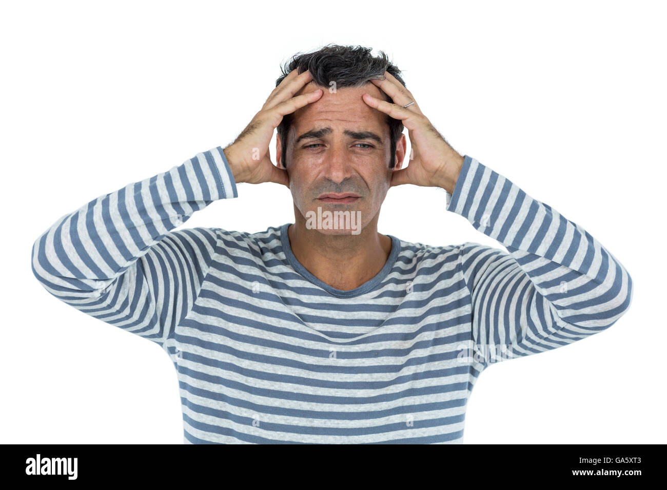 Metà uomo adulto che soffre di headach Foto Stock