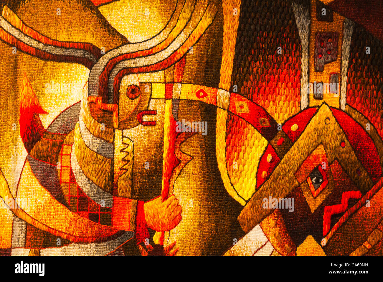 Intrecciato pannello sul display in Cusco raffiguranti peruviana forme di arte nella loro ricca storia Foto Stock