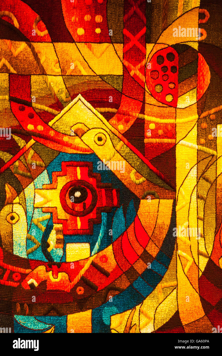 Intrecciato pannello sul display in Cusco raffiguranti peruviana forme di arte nella loro ricca storia Foto Stock