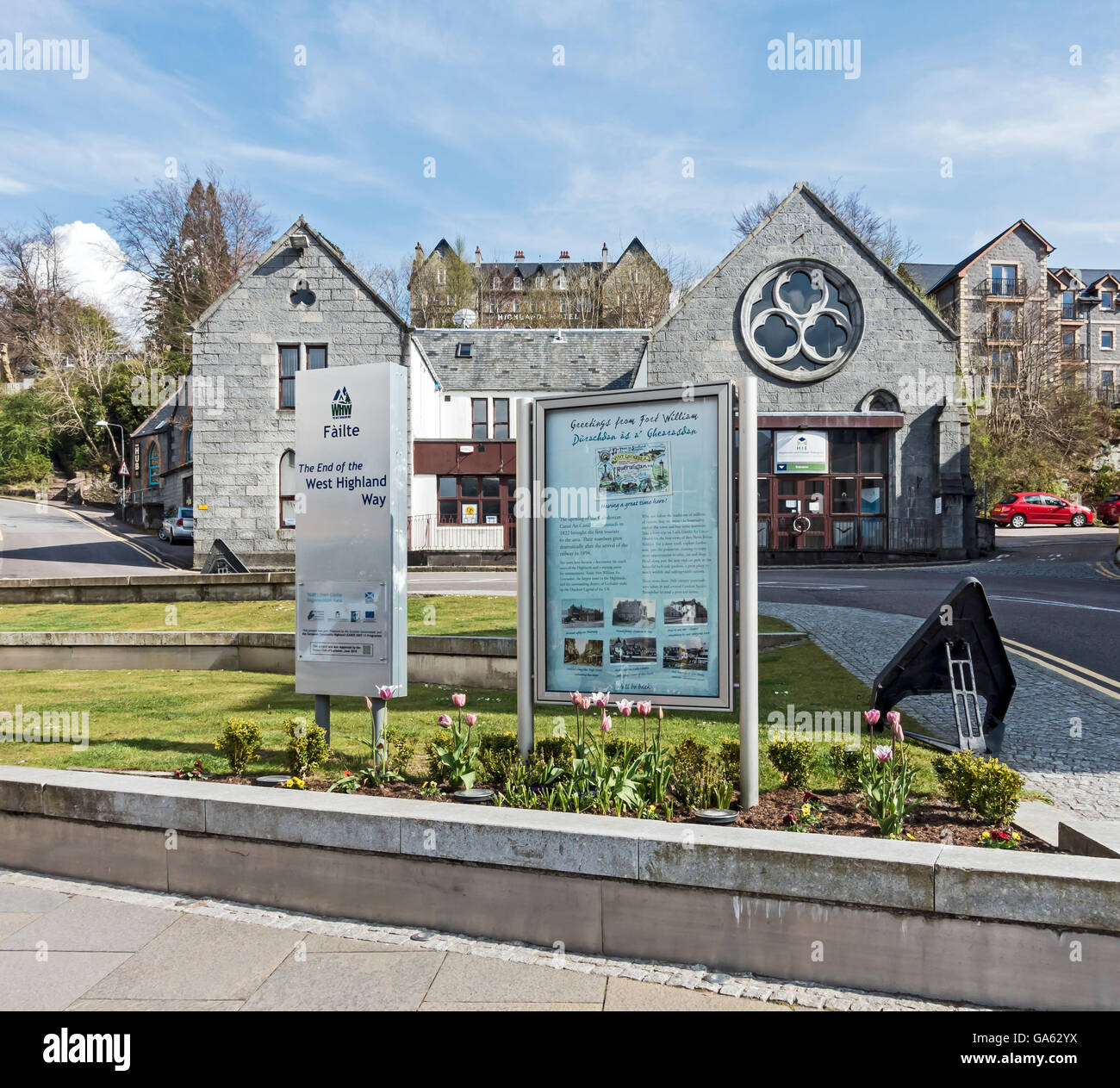 La fine del West Highland Way in High Street Fort William Highland Scozia Scotland Foto Stock