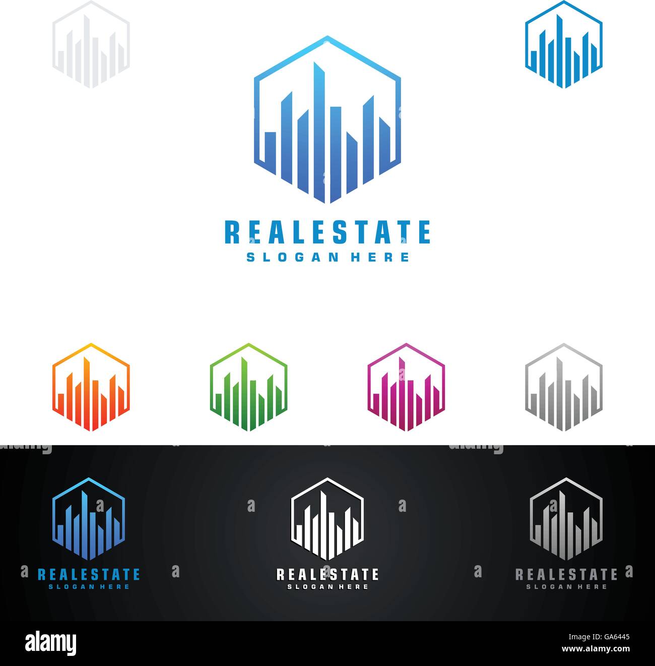 Immobiliare di vettore logo design, astratto edificio con forma di linea rappresentata unica, forte e moderno real estate logo design Illustrazione Vettoriale