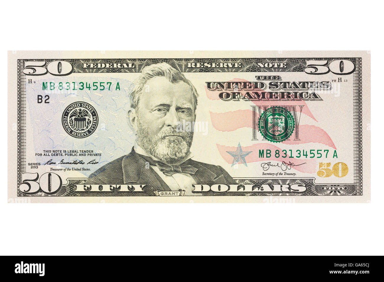 Cinquanta americano US dollar nota su sfondo bianco Foto Stock