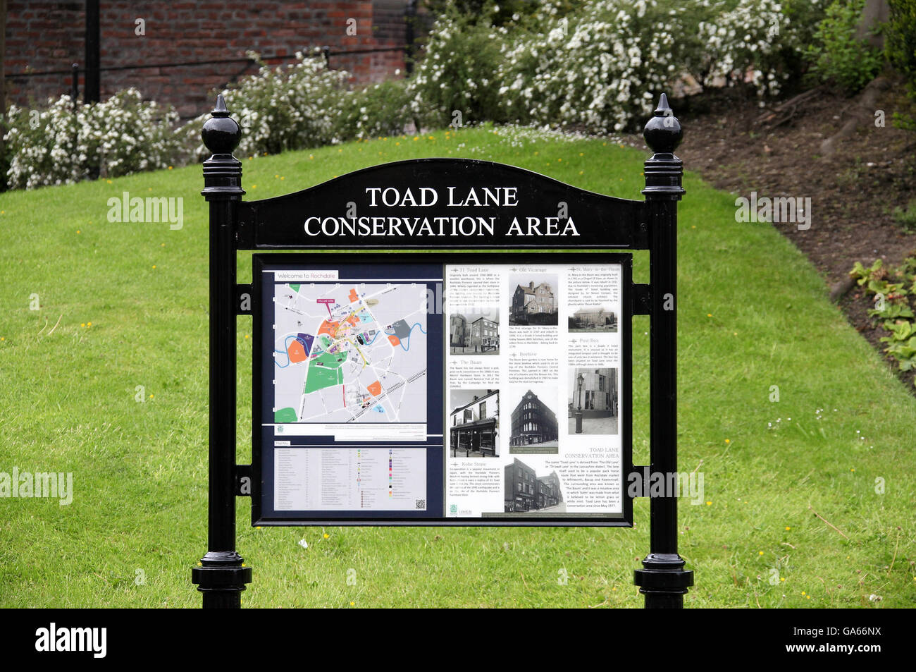 Toad Lane Conservation Area Information Board in Rochdale Foto Stock