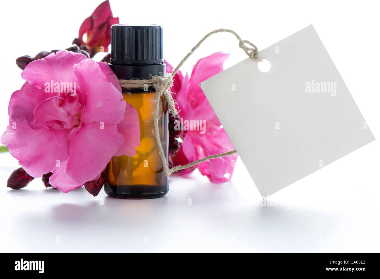 Olio essenziale, i tag vuoti e le rose fiori Foto Stock