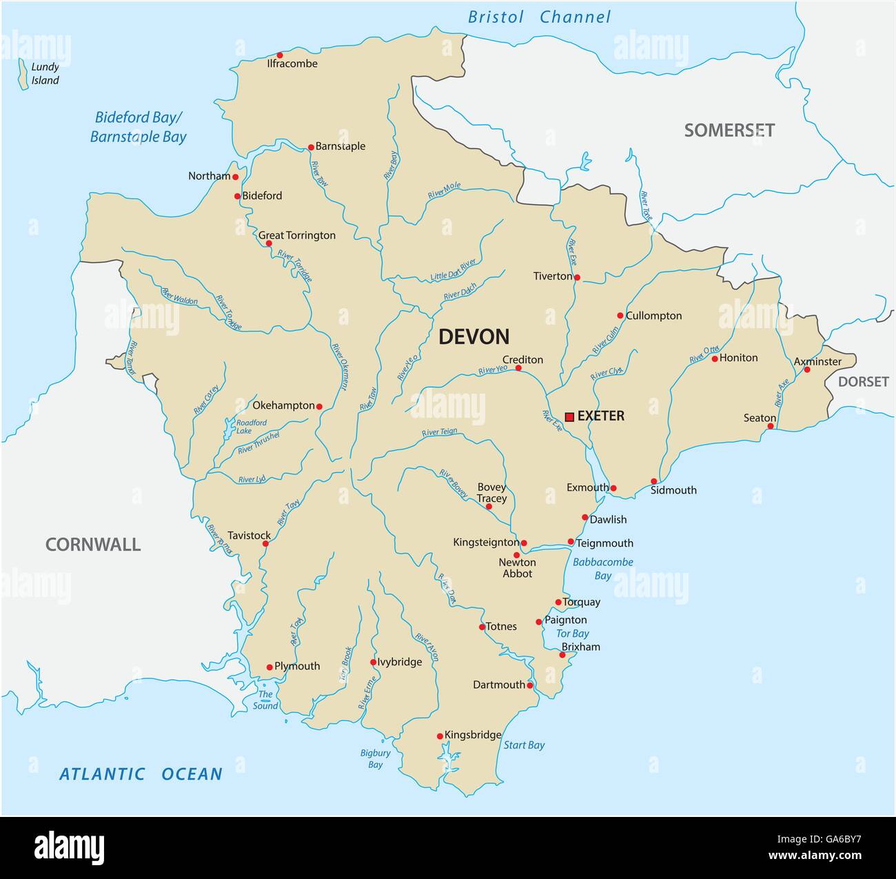 Mappa vettoriale della contea di Devon, Inghilterra Illustrazione Vettoriale