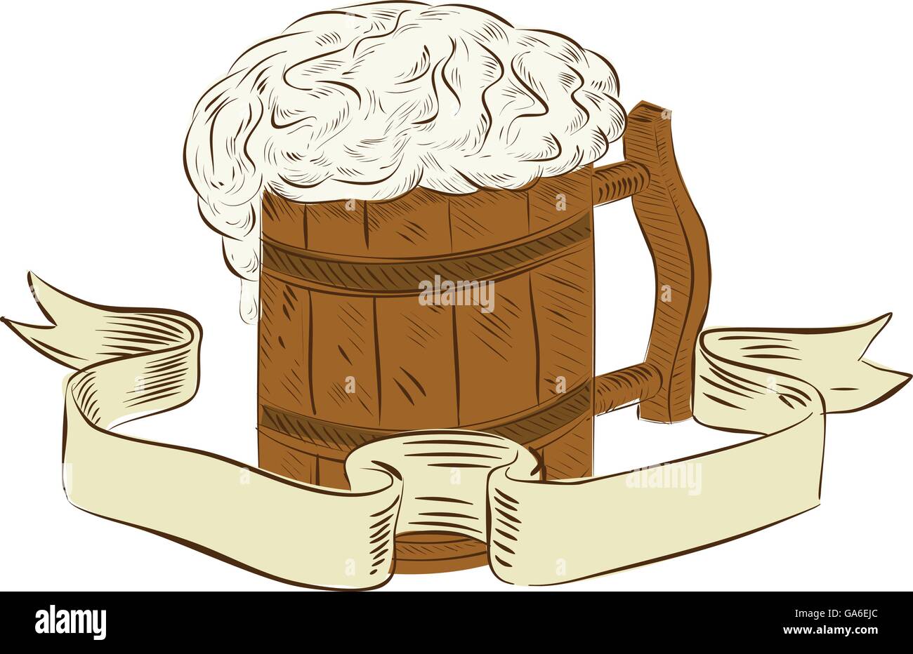 Schizzo di disegno illustrazione dello stile del medioevo una boccale di birra con la schiuma di impostare sulla isolato sfondo bianco con fiocco fatto in stile retrò. Illustrazione Vettoriale