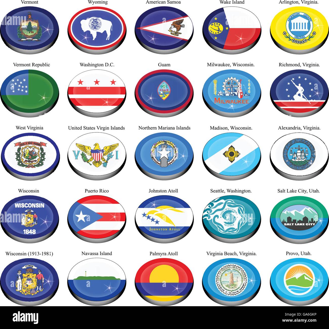 Set di icone. Stati e territori degli Stati Uniti d'America bandiere. Illustrazione Vettoriale