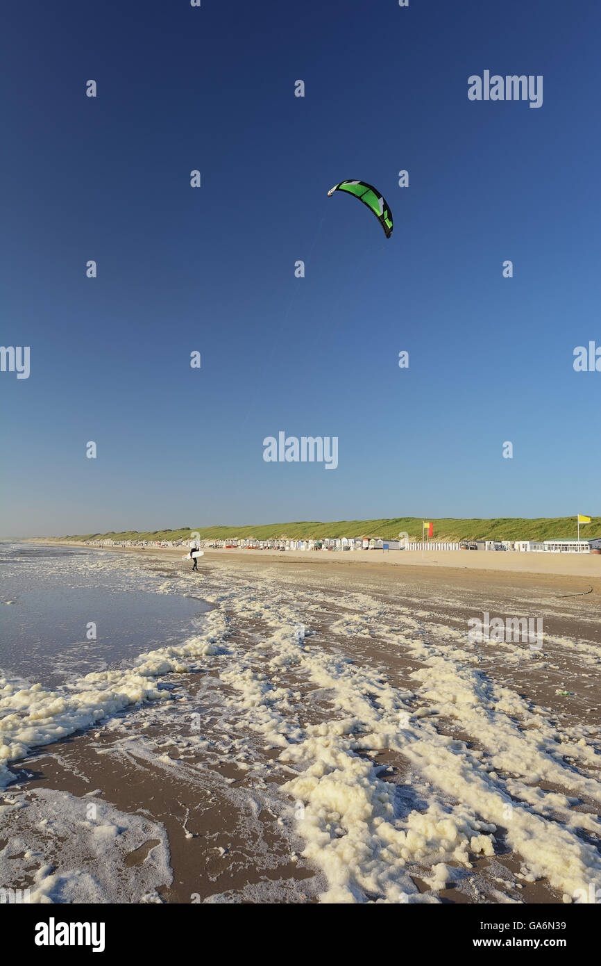 L uomo esce il kite surf sulla spiaggia del Mare del Nord nei Paesi Bassi Foto Stock