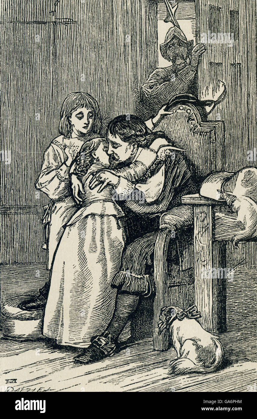 Carlo I era re d'Inghilterra, in Scozia e in Irlanda da 1625-1649. Egli era di Stuart House. Suo padre era James I. libertà civili e religiose ha causato tanta confusione durante il suo regno. Charles si arrese a esercito scozzese nel 1646 ed è poi diventato un prigioniero di inglese. Egli è stato provato e la Corte ha dichiarato colpevole di tradimento e venne decapitato. Qui, in questa illustrazione di Edward Dalziel, egli è mostrato il congedo dei suoi figli prima della sua esecuzione. Suo figlio regnò in seguito come Charles II. Questo disegno accompagnato Dickens' conto del racconto nel suo libro "Un Bambino della storia dell'Inghilterra". Foto Stock