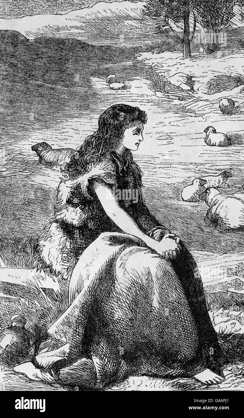 Giovanna d'Arco (nato c. 1412; è morto 1431), una santa francese e l'eroina nazionale, ha portato l'esercito francese a parecchie vittorie contro gli Inglesi in cento anni di guerra. Lei ha detto che ha sentito la voce di San Michele, Santa Caterina e Santa Margherita , che ha ordinato il suo aiuto al re di Francia e ha assicurato il suo che Dio vi aiuterà a lei. Qui, in questa illustrazione di Edward Dalziel, Giovanna d'arco è mostrato tendendo il suo gregge. Questo disegno accompagnato Charles Dickens' conto del racconto nel suo libro "Un Bambino della storia dell'Inghilterra". Foto Stock