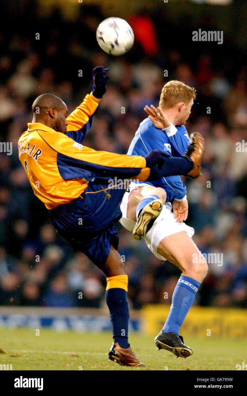 Calcio - fa Barclaycard Premiership - Ipswich Town / Leicester City. Alun Armstrong di Ipswich Town (r) e Frank Sinclair di Leicester City combattono per la palla Foto Stock