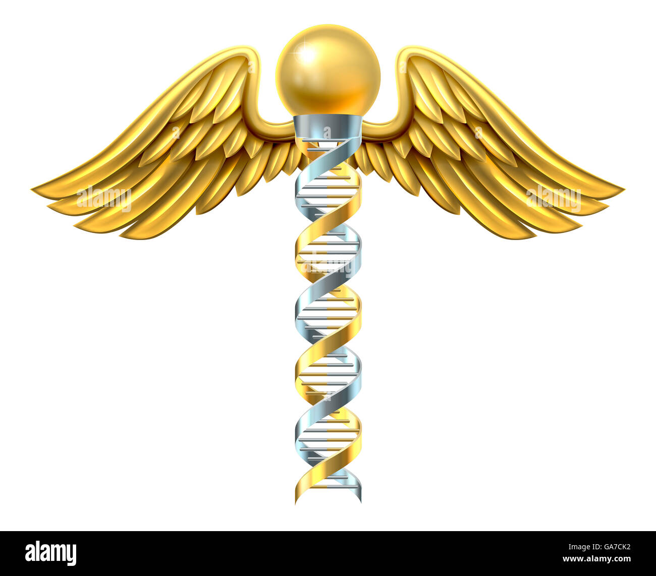 Caduceo simbolo medico con il DNA umano a doppia elica cromosoma genetico strand. Foto Stock