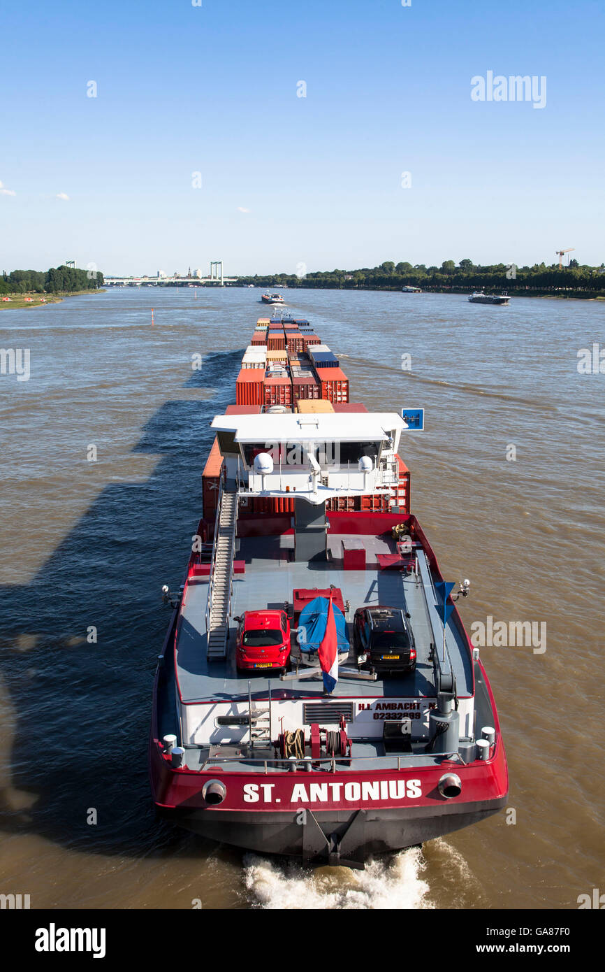 L'Europa, in Germania, in Renania settentrionale-Vestfalia, Colonia, contenitore di nave sul fiume Reno, in background di Rodenkirchener brid Foto Stock