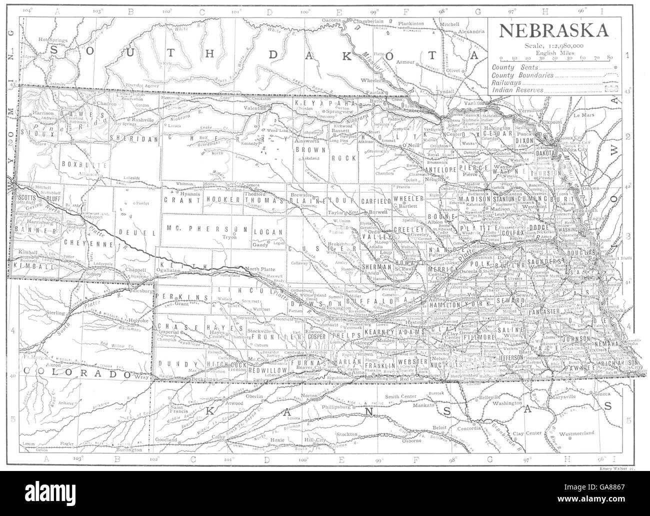 NEBRASKA: Nebraska membro mappa che mostra le contee, 1910 Foto Stock