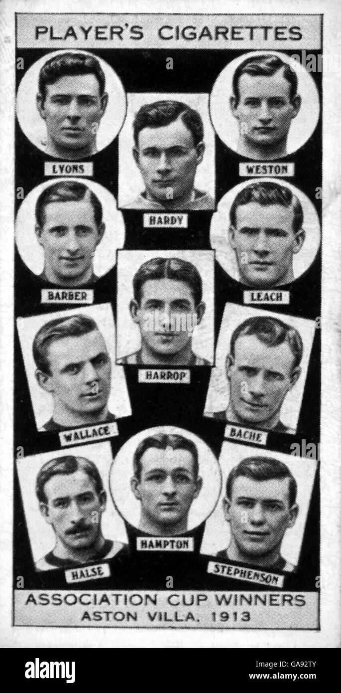 Squadra vincitrice della fa Cup di Aston Villa: (l-r, in alto) Tommy Lyons, Sam Hardy, Tommy Weston, Tommy Barber, Jimmy Leach, Charlie Wallace, Jimmy Harrop, Joe Bache, Harold Halse, Harry Hampton, Clem Stephenson Foto Stock