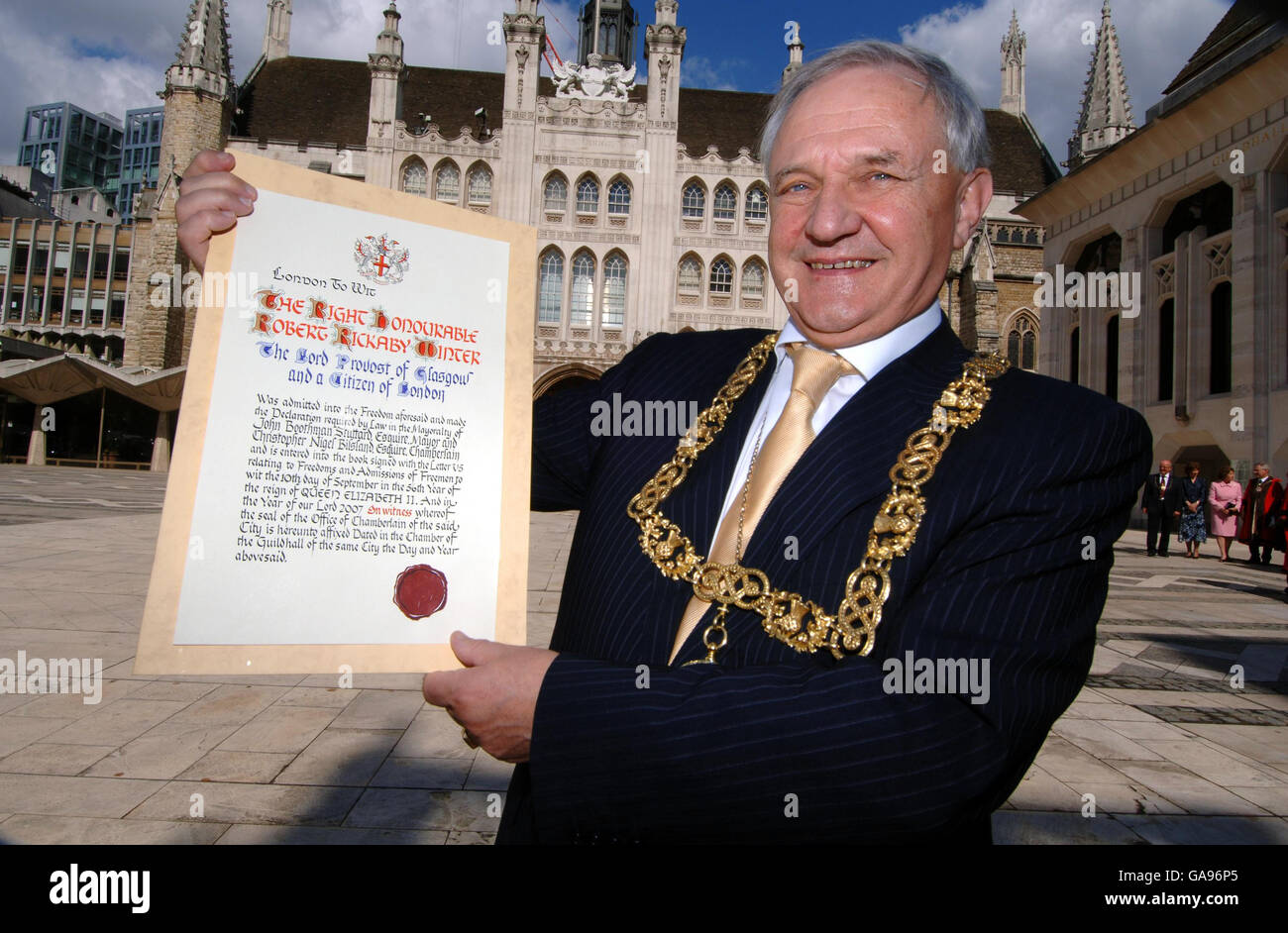 Il Lord Provost di Glasgow, Cllr Bob Winter alla Guildhall di Londra, dopo una cerimonia in cui gli è stata data la libertà della città di Londra Foto Stock