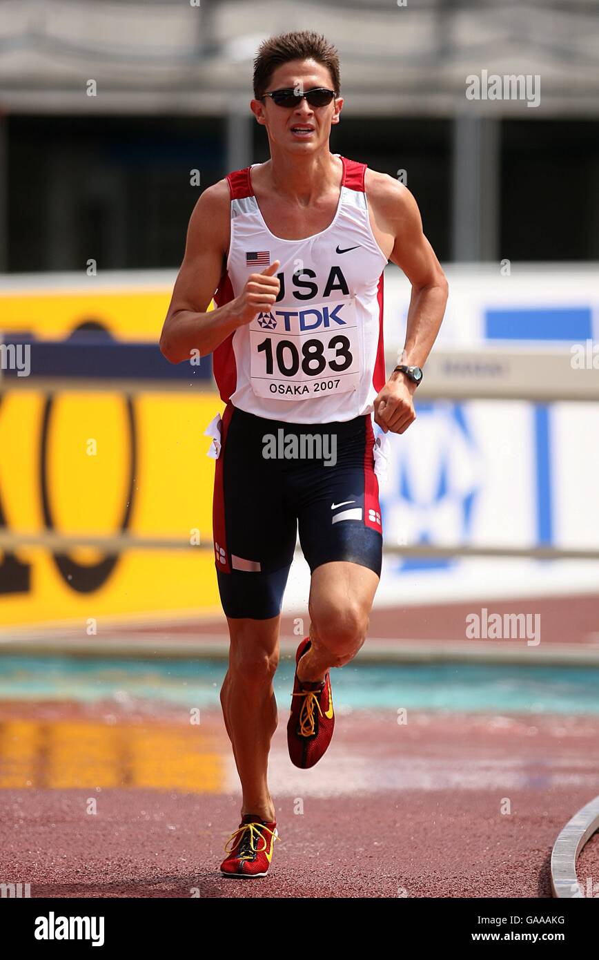 Atletica - Campionati mondiali di atletica IAAF - Osaka 2007 - Day Two - Stadio Nagai. Aaron Aguayo negli Stati Uniti durante le qualificazioni per la Steeplechase da 3000m maschile. Foto Stock