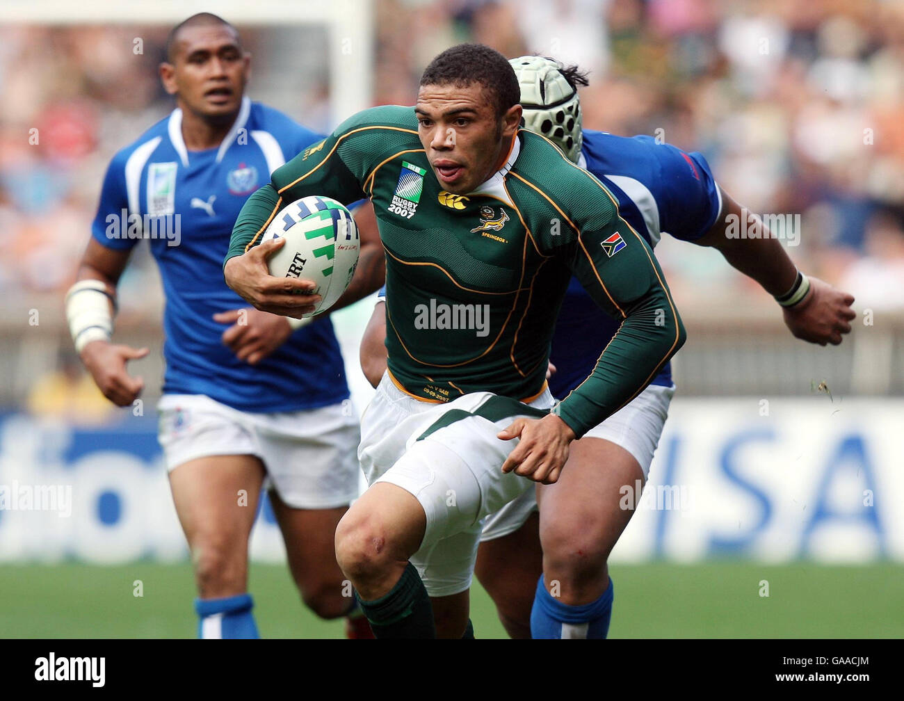 Rugby Union - IRB Coppa del mondo di Rugby 2007 - Pool A - Sudafrica / Samoa - Parc des Princes. Il Sudafrica Bryan Habana si rompe per segnare il suo secondo tentativo durante la partita di Coppa del mondo IRB al Parc des Princes, Parigi, Francia. Foto Stock