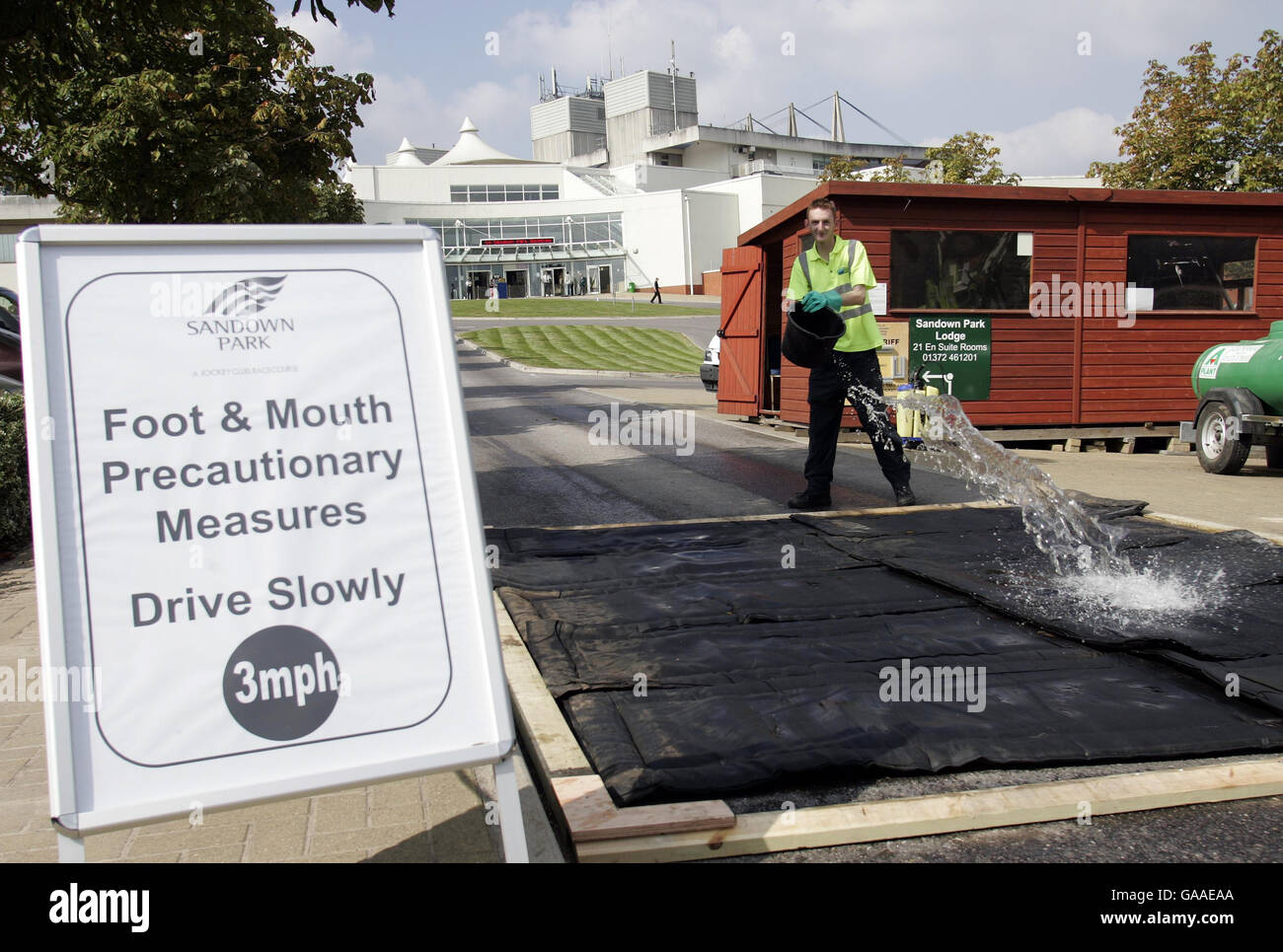 Racing - Precauzioni per il piede e la bocca - Sandown. Misure precauzionali sono messe in atto a Sandown Racecourse, Surrey a causa dell'ultimo focolaio di afta epizootica. Foto Stock