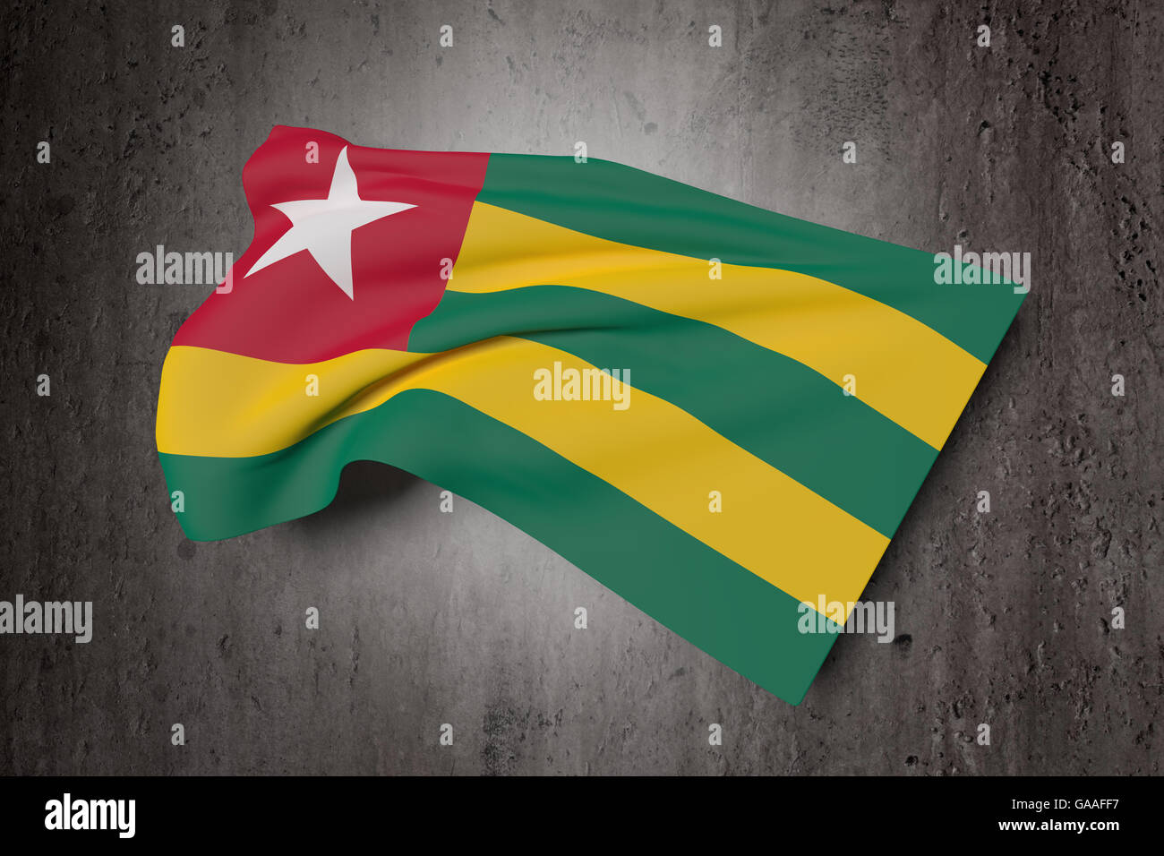 3D rendering di una Repubblica Togolese bandiera sventola su un sfondo sporco Foto Stock