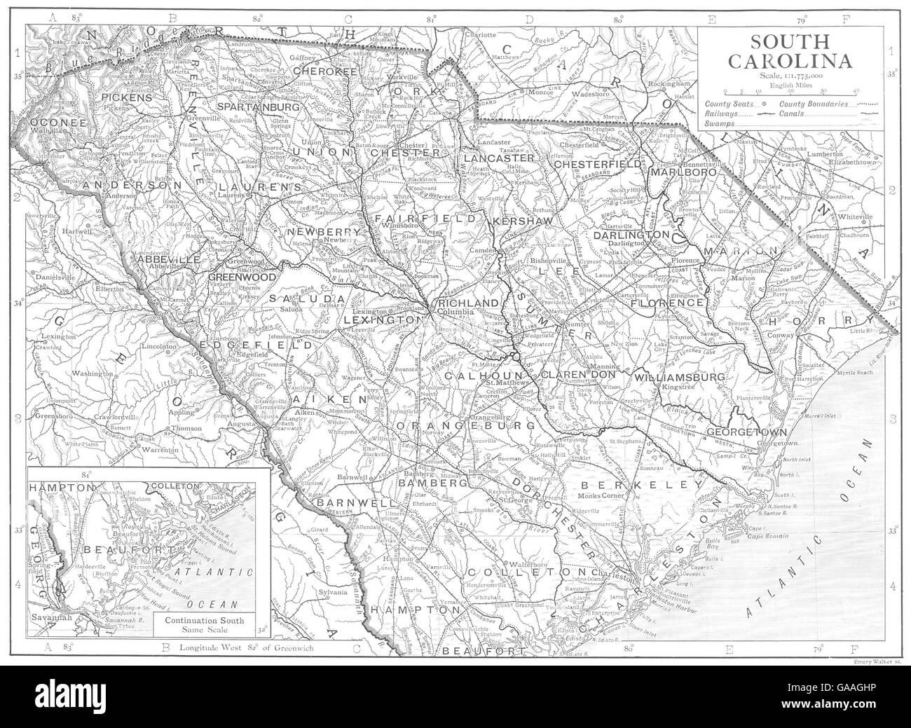 CAROLINA DEL SUD: South Carolina mappa che mostra le contee, 1910 Foto Stock