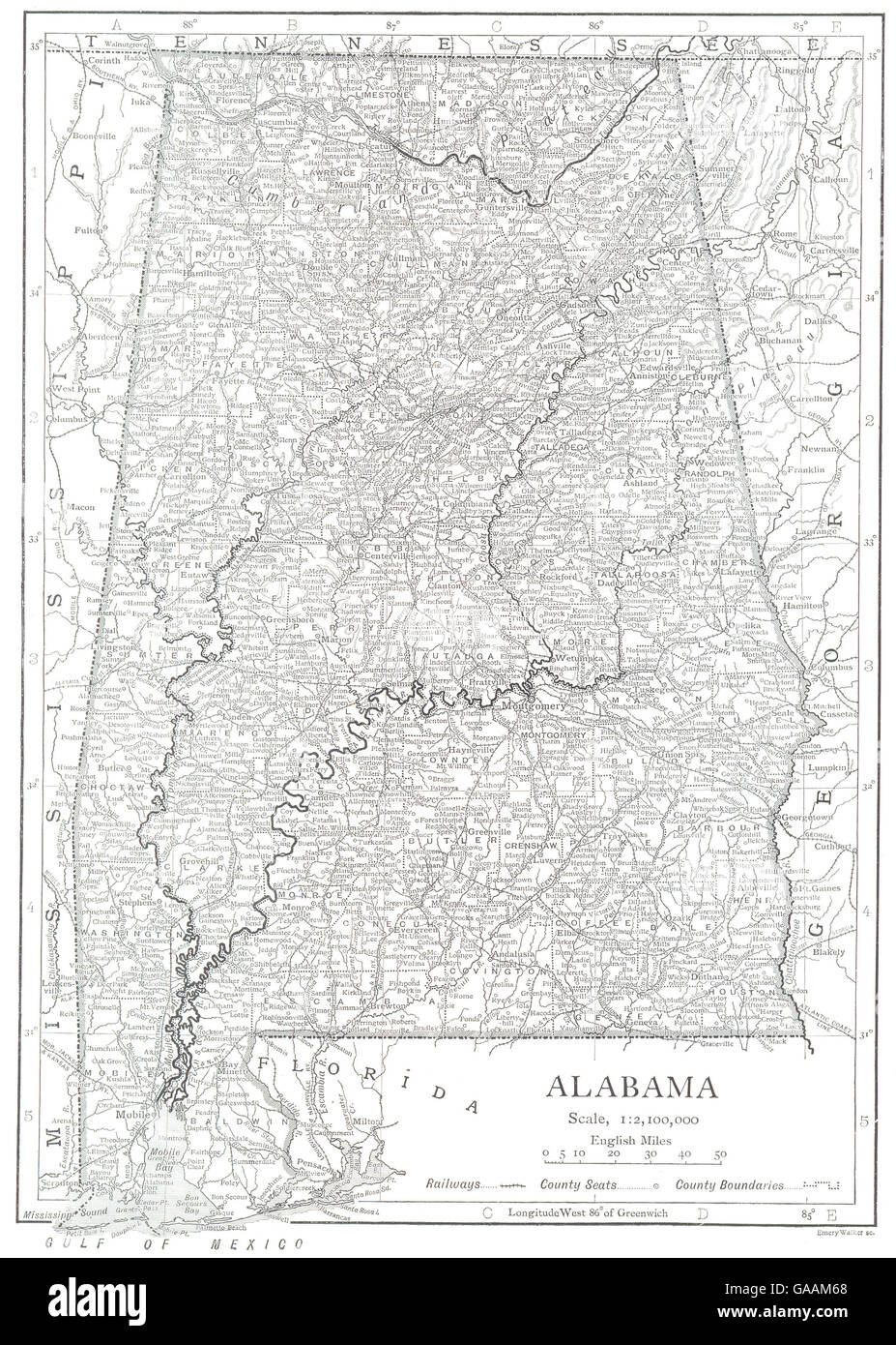 ALABAMA: Alabama state mappa che mostra le contee, 1910 Foto Stock