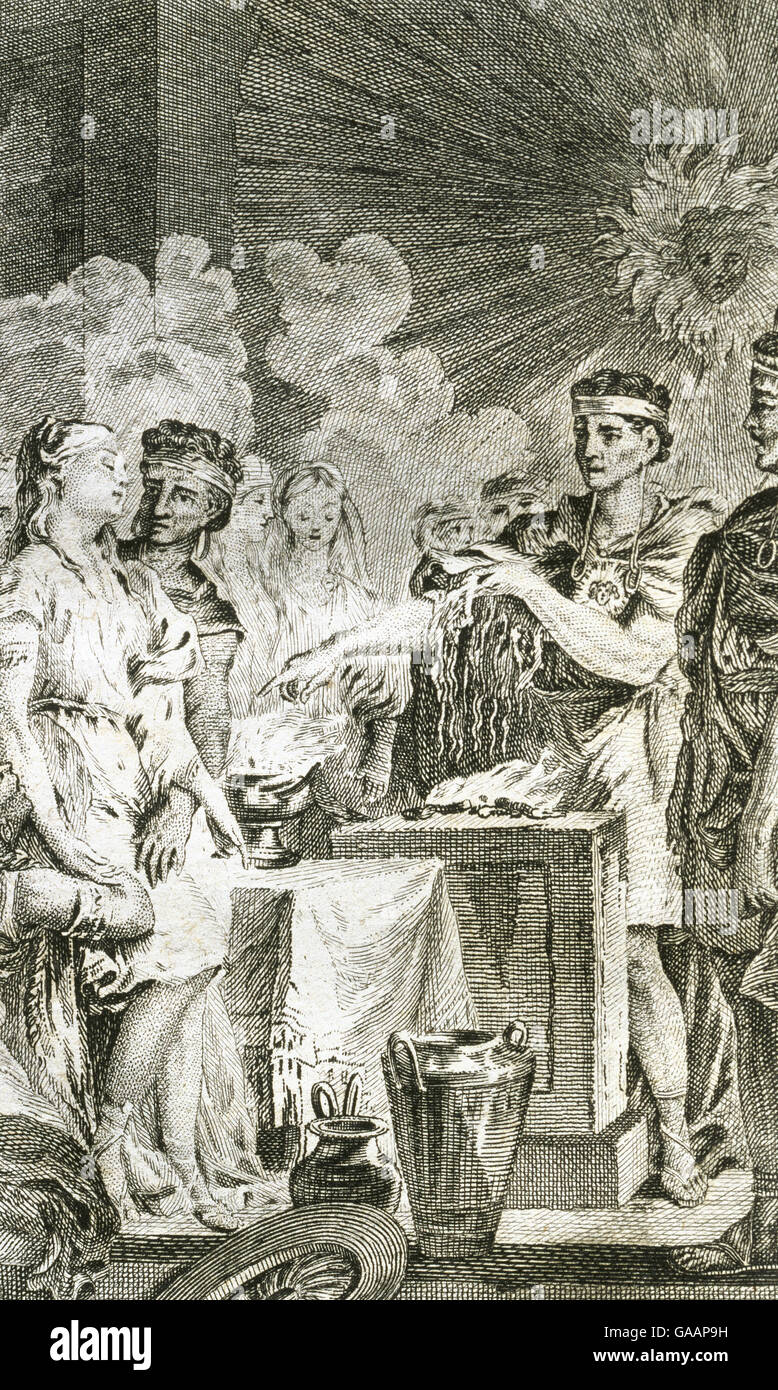 Tre inca vergini sono presentati nel tempio per essere consacrato al dio Sole. Incisione, 1820. Foto Stock