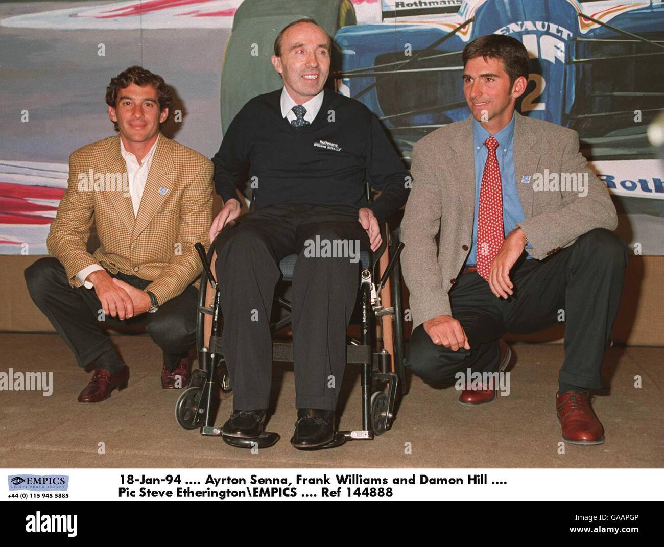 Formula uno Motor Racing. 18 gennaio 94. Ayrton Senna, Frank Williams e  Damon Hill Foto stock - Alamy