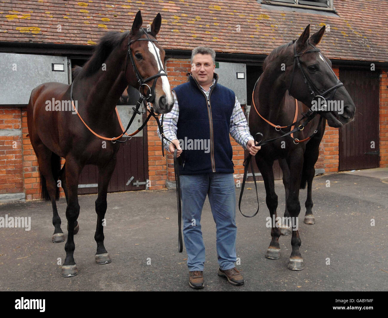 L'allenatore Paul Nicholls (centro) con Kauto Star (a sinistra) e Denman durante una visita alle scuderie Paul Nicholls a Manor Farm Stables, Ditcheat, Somerset. Foto Stock