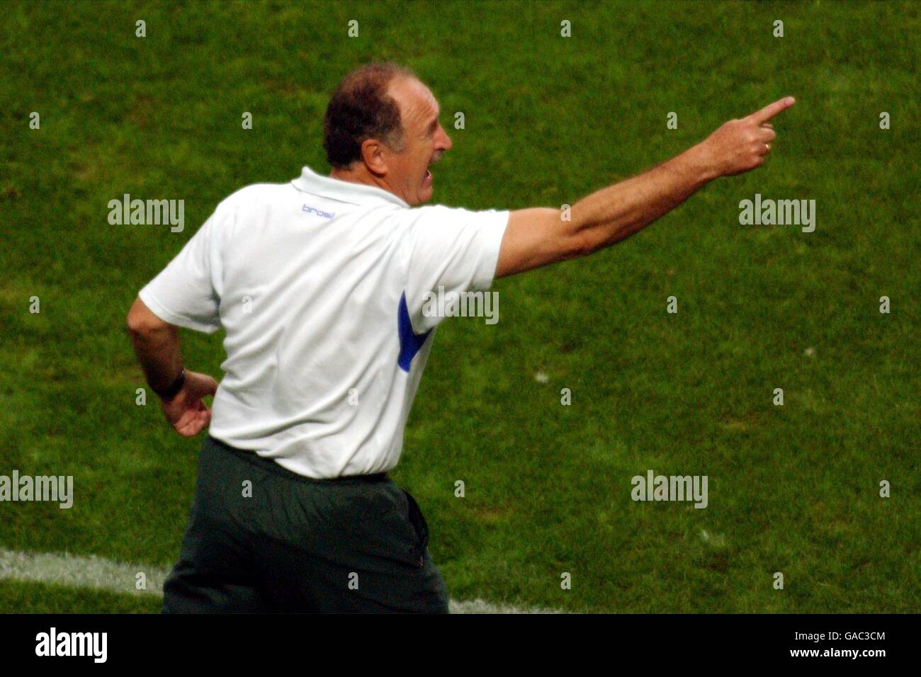 Calcio - Coppa del mondo FIFA 2002 - Semifinale - Brasile / Turchia. L'allenatore brasiliano Luiz Felipe Scolari indica la strada verso la sua squadra durante la partita con la Turchia Foto Stock