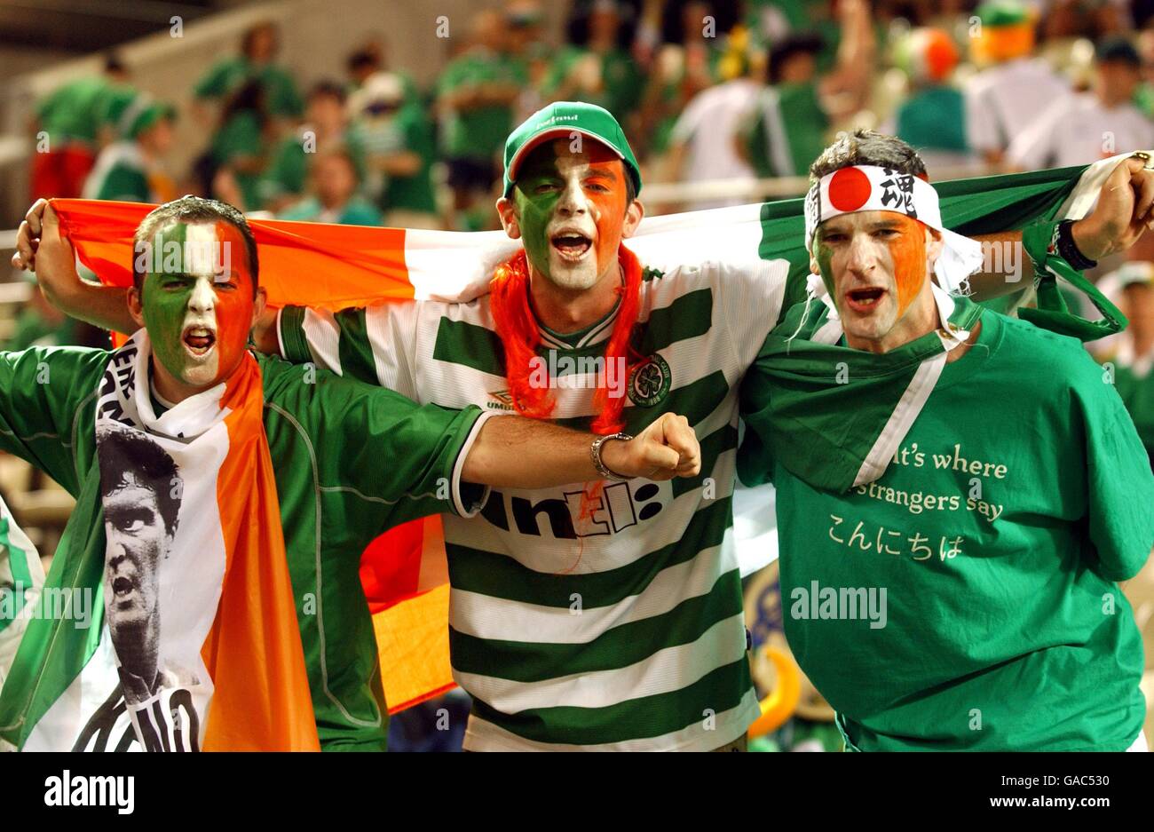 Calcio - Coppa del mondo FIFA 2002 - Gruppo e - Germania / Irlanda. I tifosi irlandesi si rallegrano della loro squadra durante la partita con la Germania Foto Stock