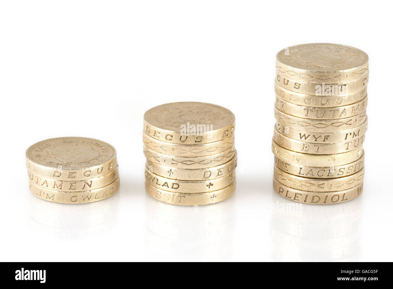 Pile di uk sterling pound monete Foto Stock