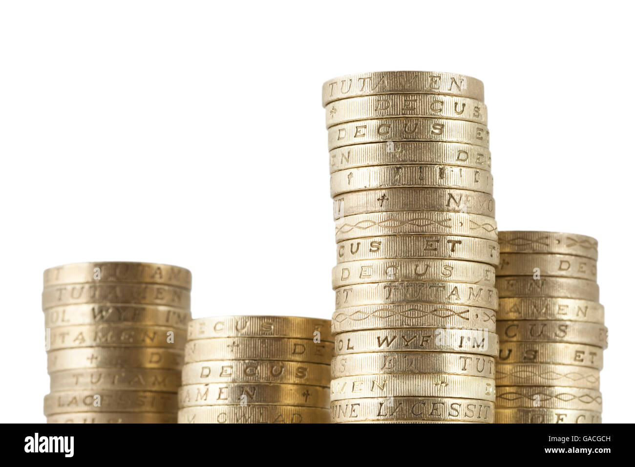 Pile di uk sterling pound monete Foto Stock