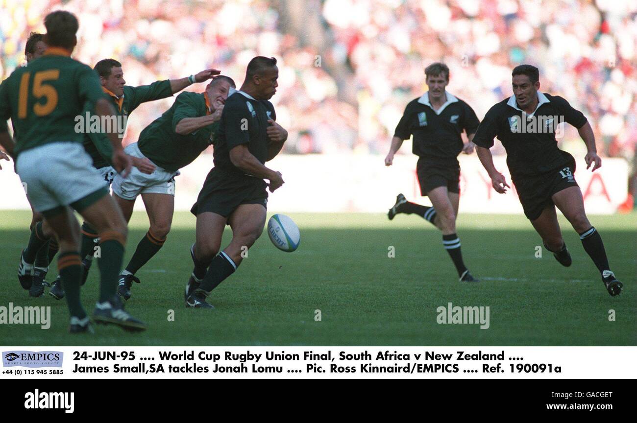 24-GIU-95, finale dell'Unione di Rugby della Coppa del mondo, Sudafrica contro Nuova Zelanda, James Small, SA affronta Jonah Lomu Foto Stock