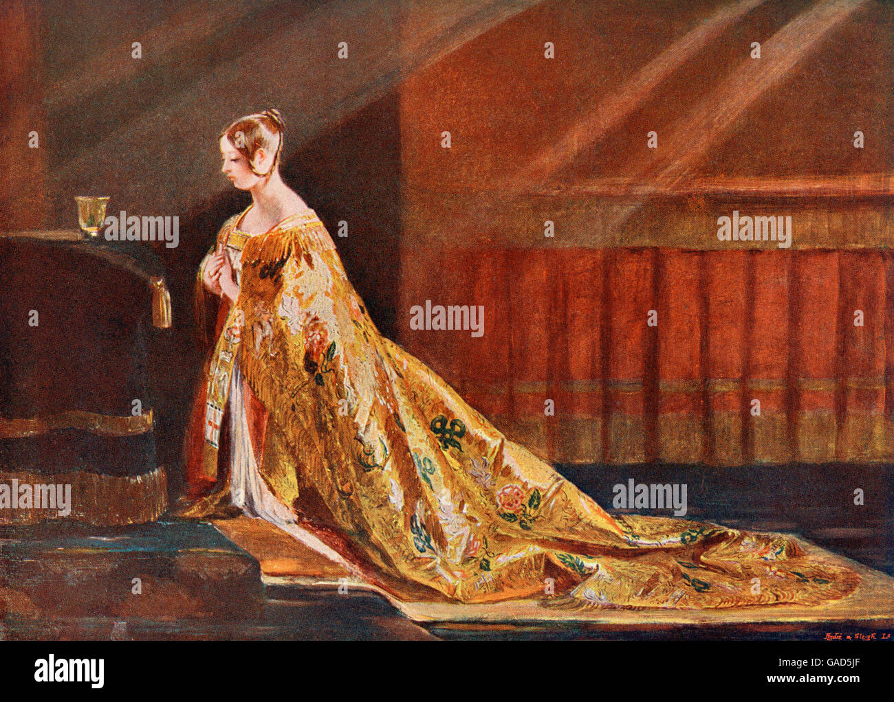 La regina Victoria nella sua incoronazione accappatoi, dopo il dipinto da Charles Robert Leslie. Victoria, 1819 - 1901. La regina del Regno Unito di Gran Bretagna e Irlanda. Foto Stock