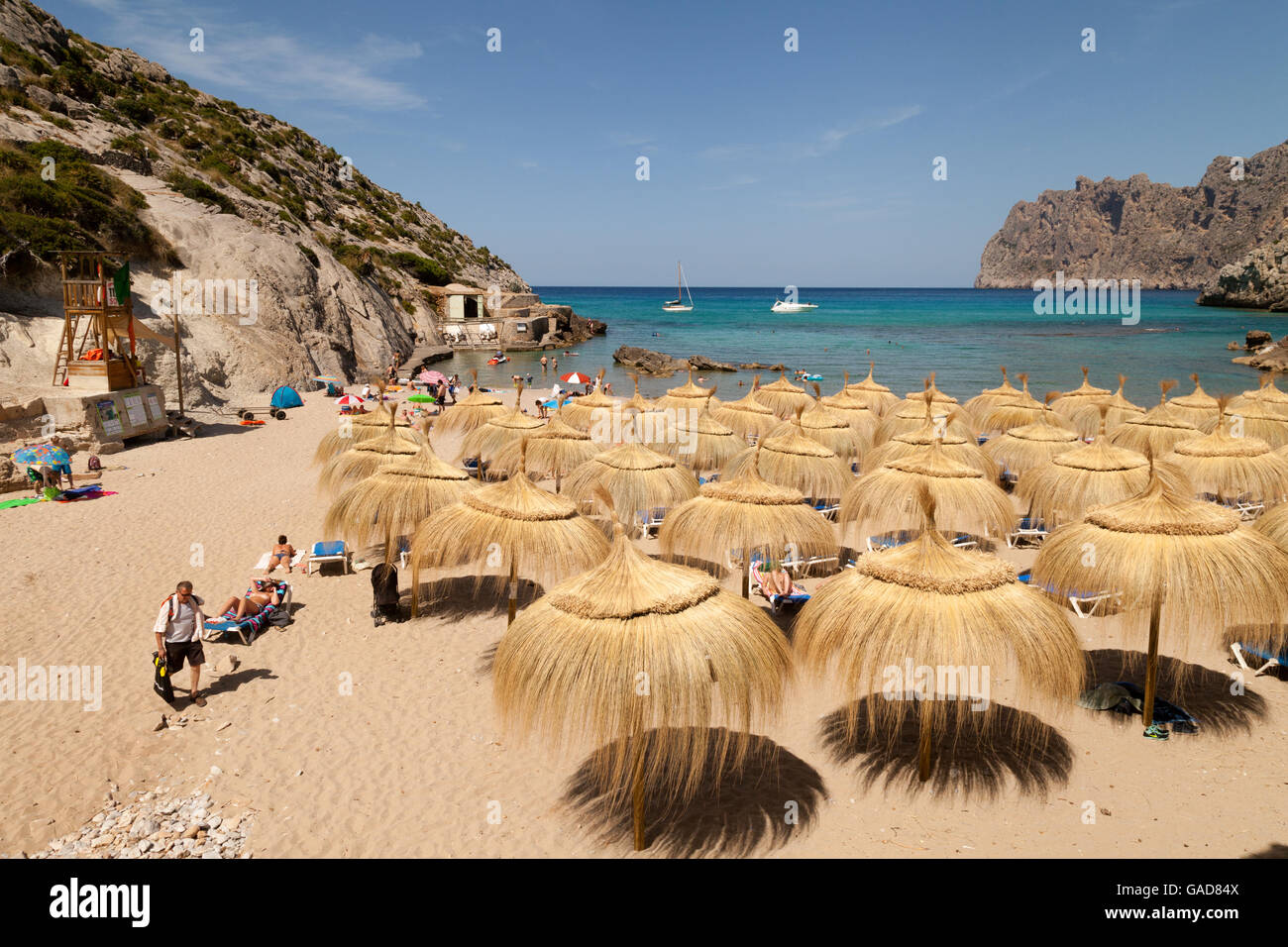 Ombrelloni sulla Cala Sant Vincenc beach, costa nord, Mallorca ( ) di Maiorca, isole Baleari, Spagna, Europa Foto Stock