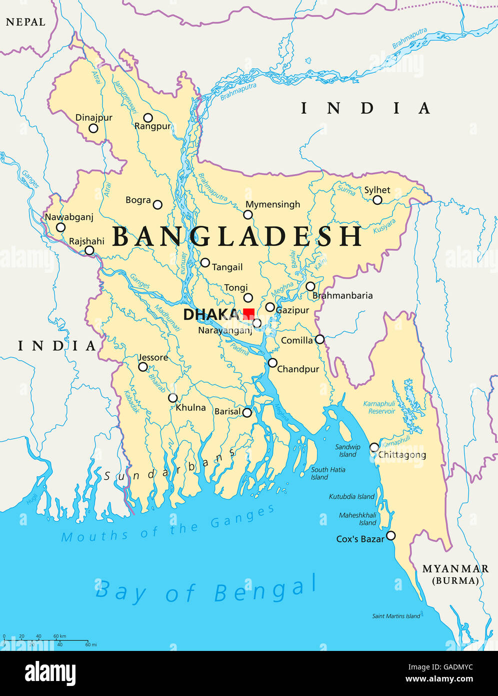 Bangladesh mappa politico con capitale Dhaka, confini nazionali importanti  città, fiumi e laghi. Etichetta inglese Foto stock - Alamy