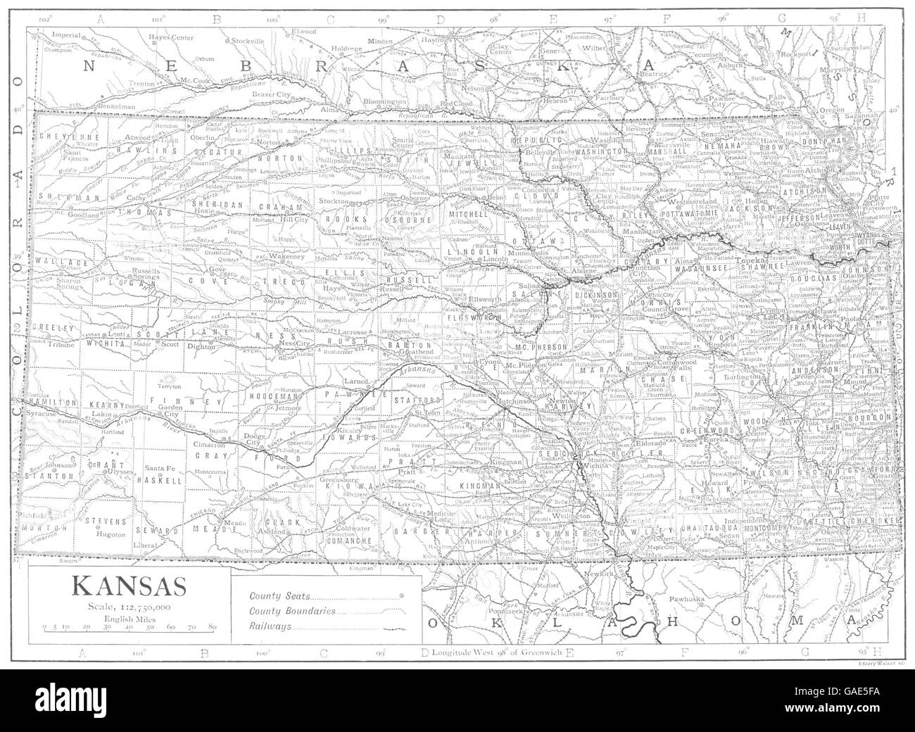 KANSAS: Stato mappa che mostra le contee, 1910 Foto Stock