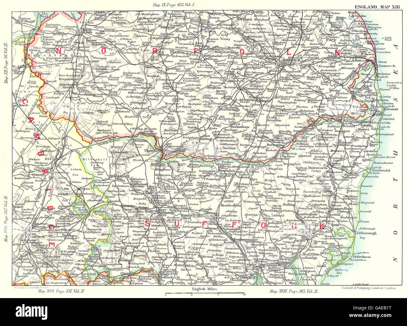 EAST ANGLIA: Suffolk Norfolk Broads Fens Cambridge Norwich Ipswich, 1893 Mappa Foto Stock