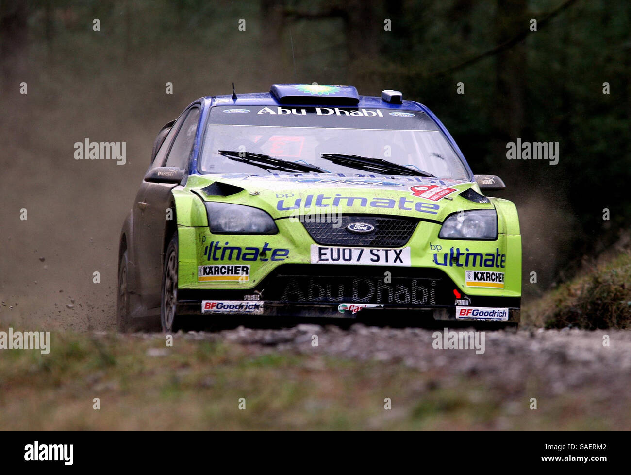 Marcus Gronholm del Finlamd nella Ford Focus RS WRC 07 sulla Brechfa Special Stage durante il Campionato Mondiale Rally FIA. Foto Stock