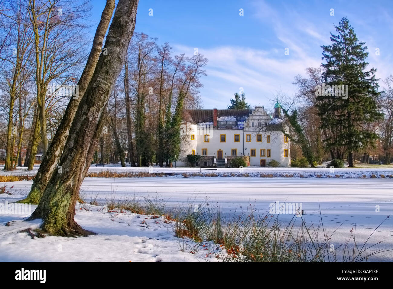 Sallgast Schloss im inverno - Sallgast palace in inverno, Brandeburgo nella Germania Foto Stock