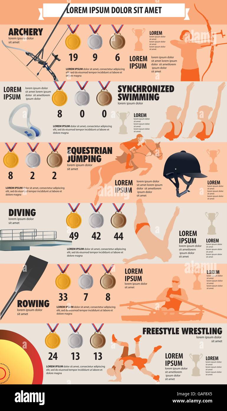 Infographics mostra sei tipi di sport, breve descrizione dello sport, il grande vincitore di medaglie e alcune informazioni in più. Illustrazione Vettoriale