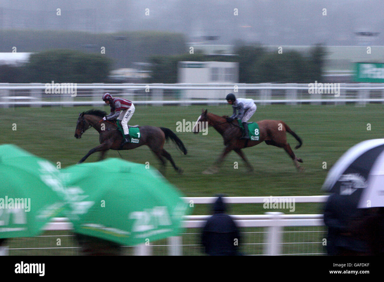 Fiume Tana guidato da Andrew Thornton e McEvoy guidato da T.J. O'Brien durante il paddypower 08000 565 265 Marathon Steeple Chase (handicap) (Classe 2) durante il Tingle Creek Meeting paddypower.com Foto Stock