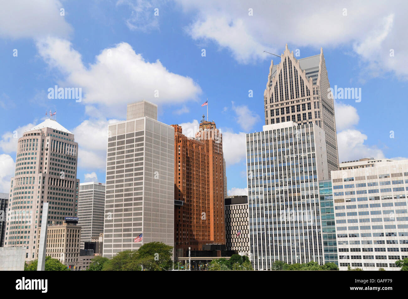 Edifici alti in Detroit, Michigan's skyline Foto Stock